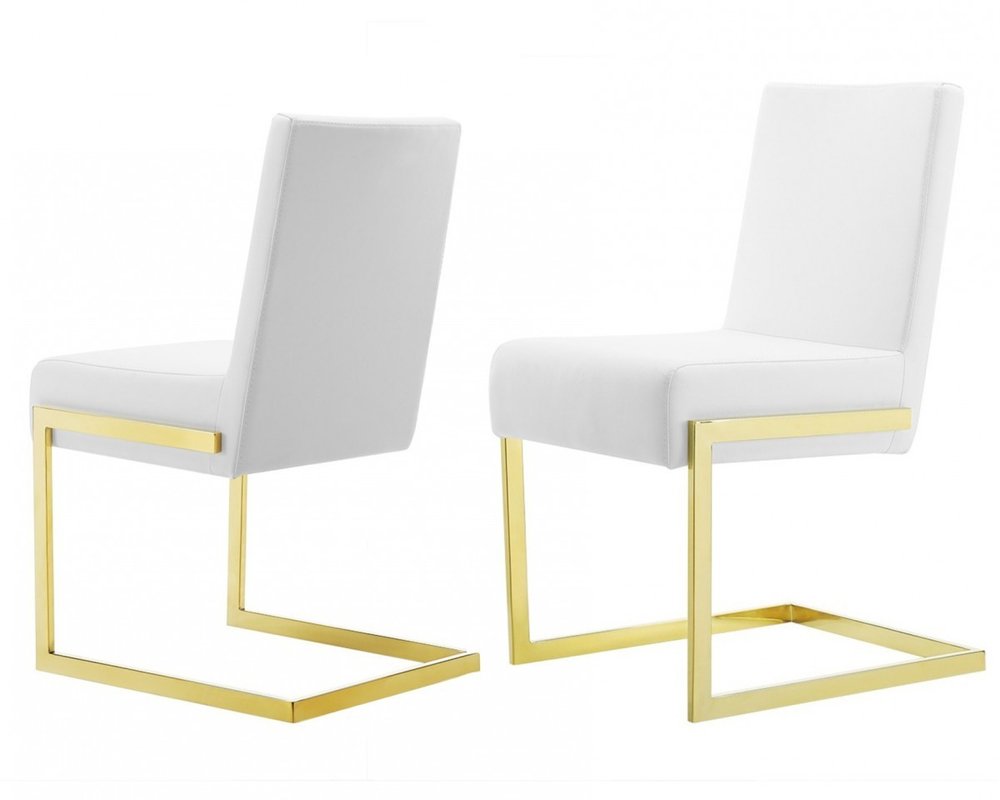 Set of Two White and Gold Upholstered Faux Leather Dining Side Chairs on a white background