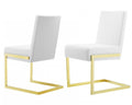 Set of Two White and Gold Upholstered Faux Leather Dining Side Chairs on a white background