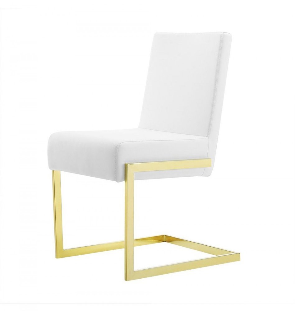 Set of Two White and Gold Upholstered Faux Leather Dining Side Chairs on a white background