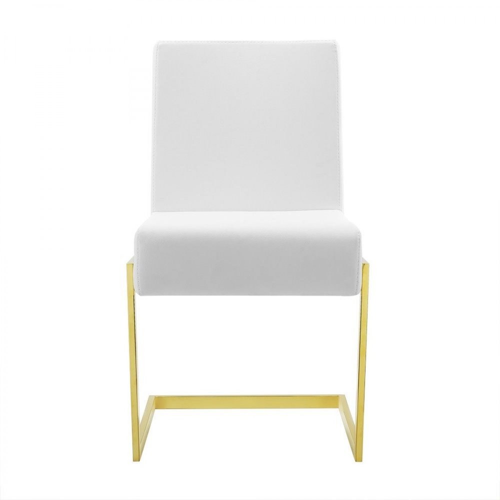 Set of Two White and Gold Upholstered Faux Leather Dining Side Chairs on a white background