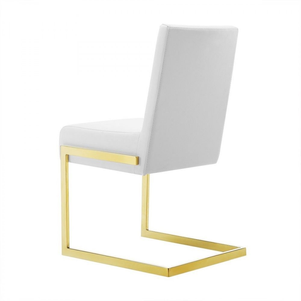 Set of Two White and Gold Upholstered Faux Leather Dining Side Chairs on a white background