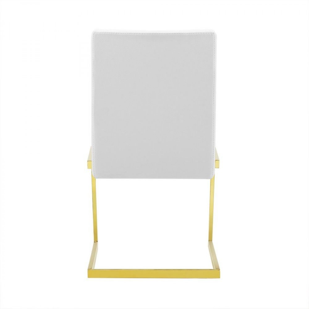 Set of Two White and Gold Upholstered Faux Leather Dining Side Chairs on a white background