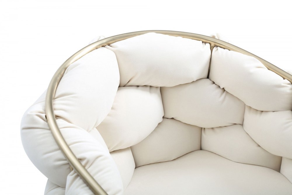 White and Brass Upholstered Fabric Dining Arm Chair on a white background