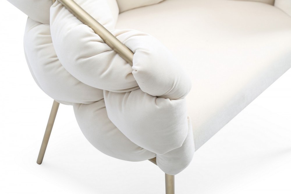 White and Brass Upholstered Fabric Dining Arm Chair on a white background