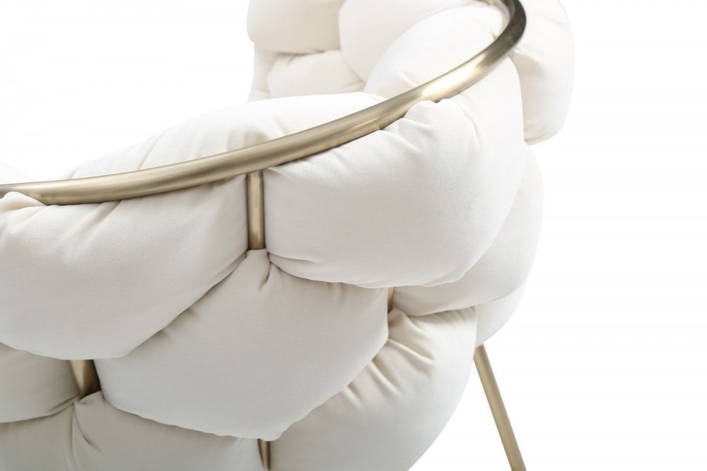 White and Brass Upholstered Fabric Dining Arm Chair on a white background