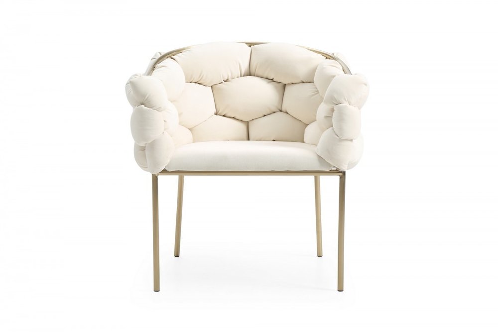 White and Brass Upholstered Fabric Dining Arm Chair on a white background