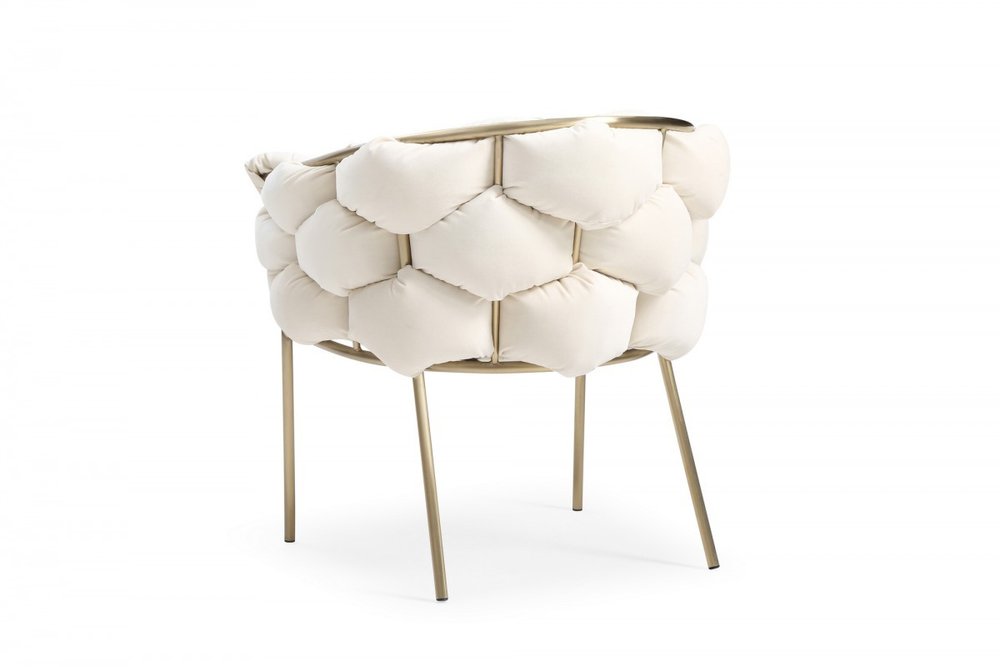 White and Brass Upholstered Fabric Dining Arm Chair on a white background