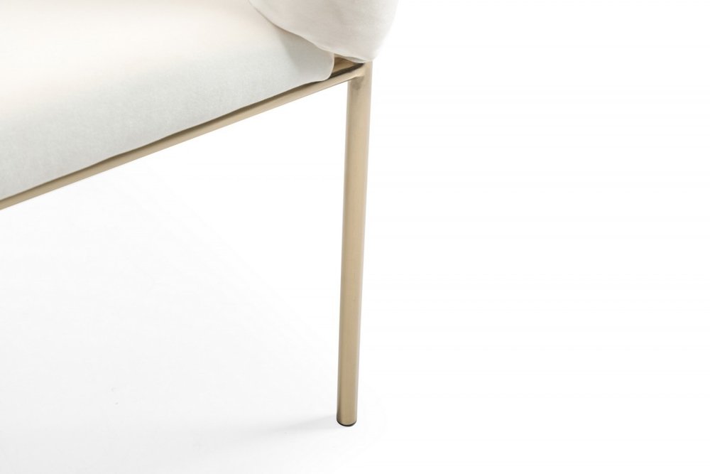White and Brass Upholstered Fabric Dining Arm Chair on a white background