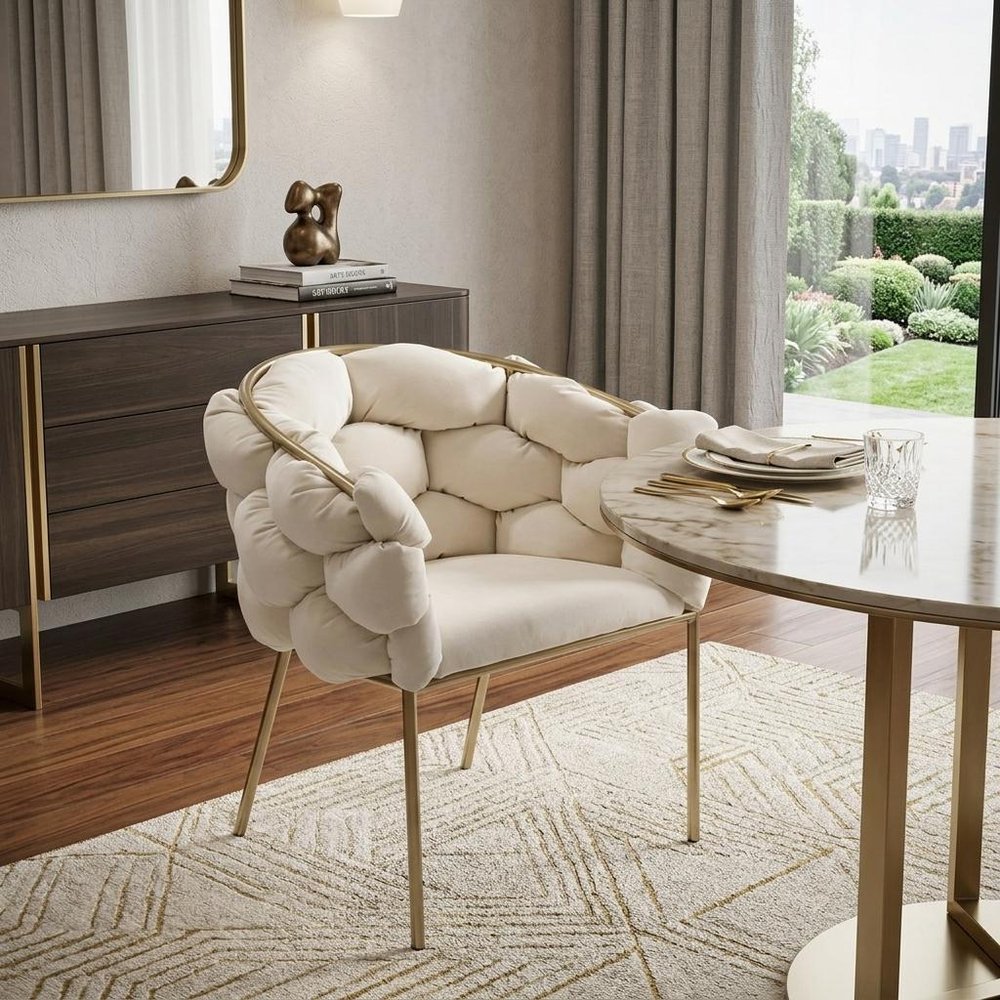 White and Brass Upholstered Fabric Dining Arm Chair in a home interior