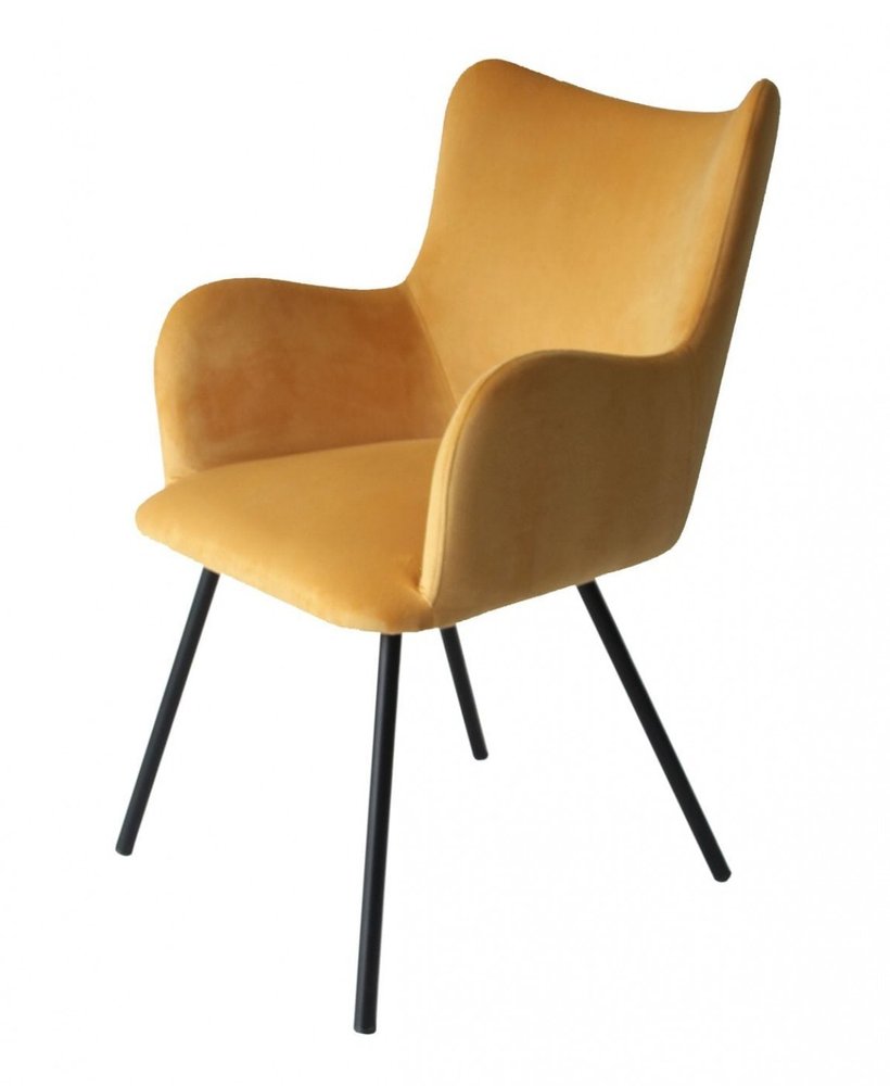 Yellow velvet upholstered dining chair with black metal legs on a white background.