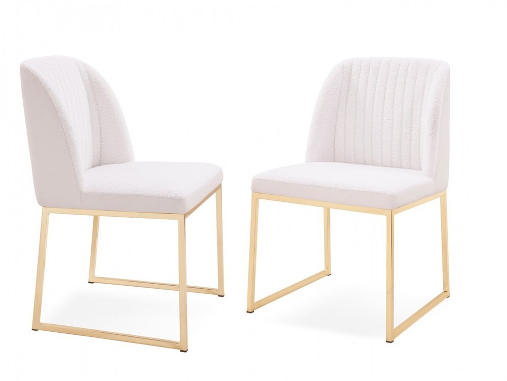 Set of Two White and Gold Upholstered Fabric Wing Back Dining Side Chairs on a white background