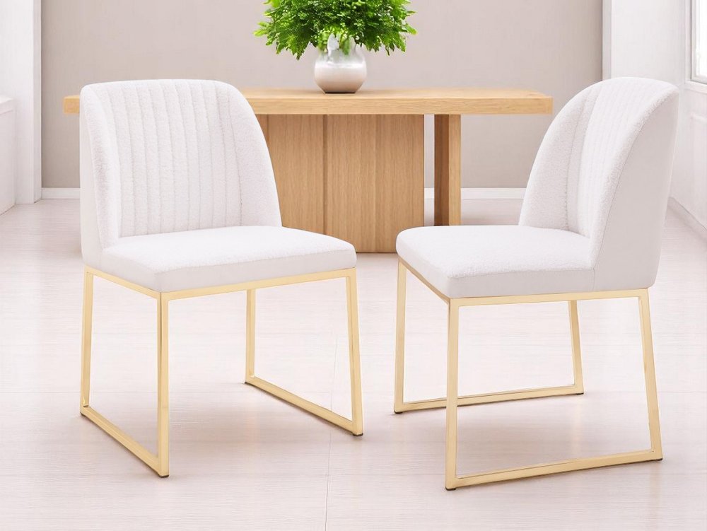 Set of Two White and Gold Upholstered Fabric Wing Back Dining Side Chairs on a white background