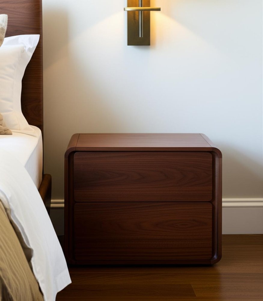 Modern Walnut Brown Nightstand with Two Drawers in a home interior