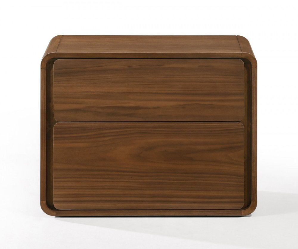 Modern Walnut Brown Nightstand with Two Drawers on a white background