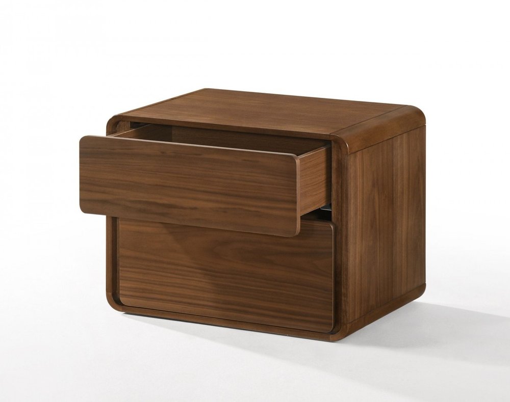 Modern Walnut Brown Nightstand with Two Drawers on a white background