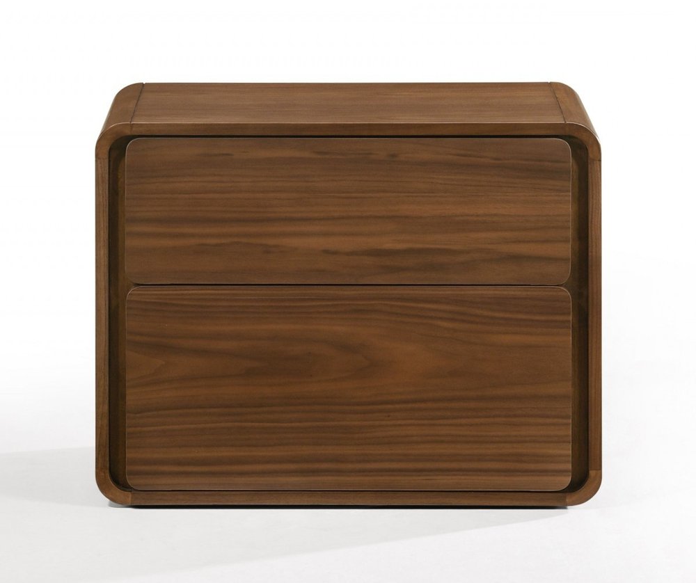 Modern Walnut Brown Nightstand with Two Drawers on a white background