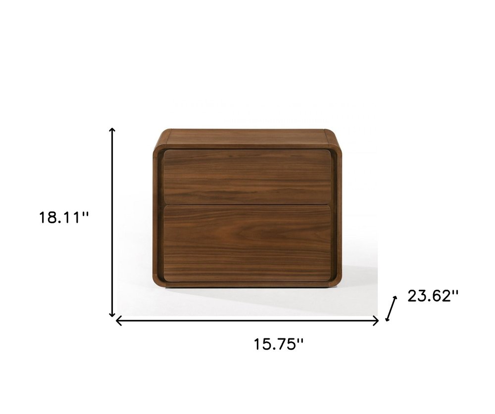 Modern Walnut Brown Nightstand with Two Drawers on a white background