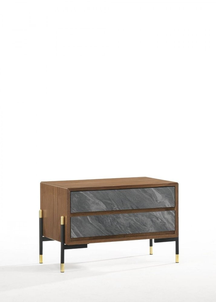 Mid Century Walnut and Gray Faux Marble Two Drawer Nightstand on a white background