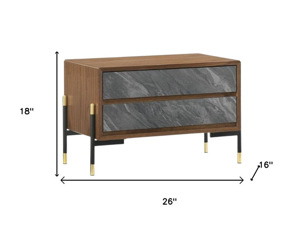 Mid Century Walnut and Gray Faux Marble Two Drawer Nightstand on a white background
