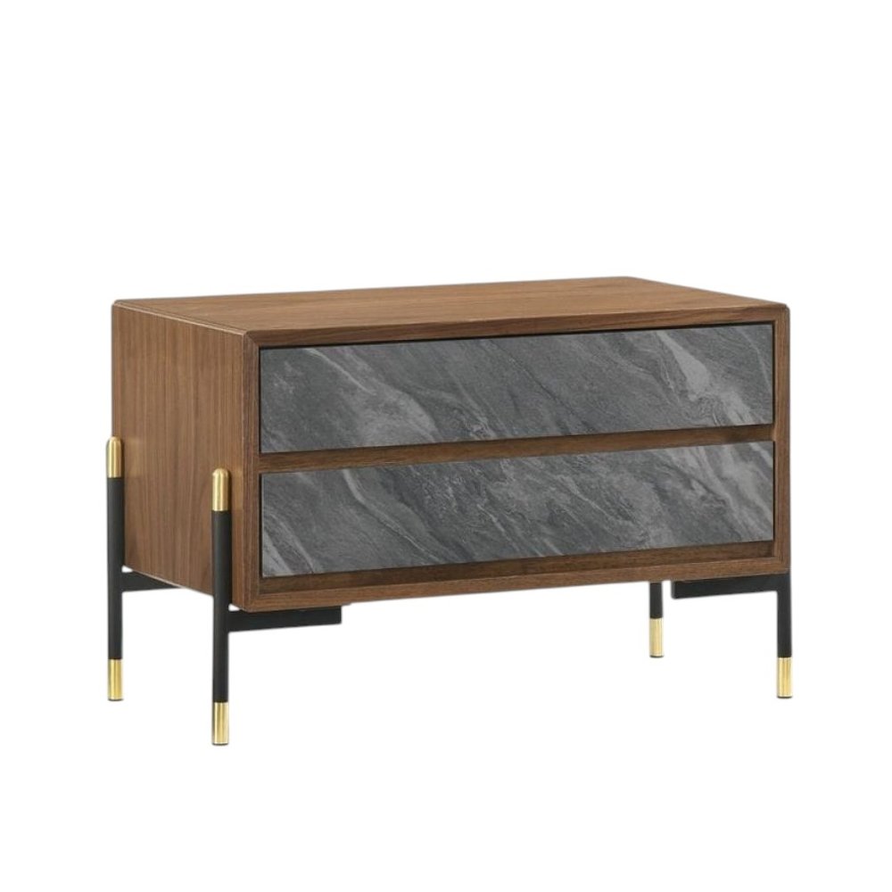 Mid Century Walnut and Gray Faux Marble Two Drawer Nightstand on a white background