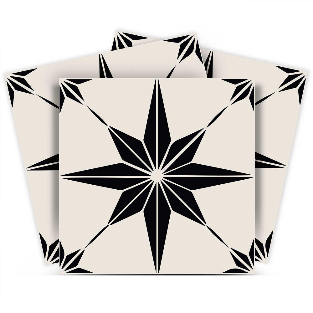 7" x 7" Black and White Mono Cross Peel and Stick Tiles on a white background
