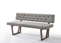 63" Gray and Brown Upholstered Linen Blend Dining Bench. Bench isolated on a plain white background, finished in gray linen.