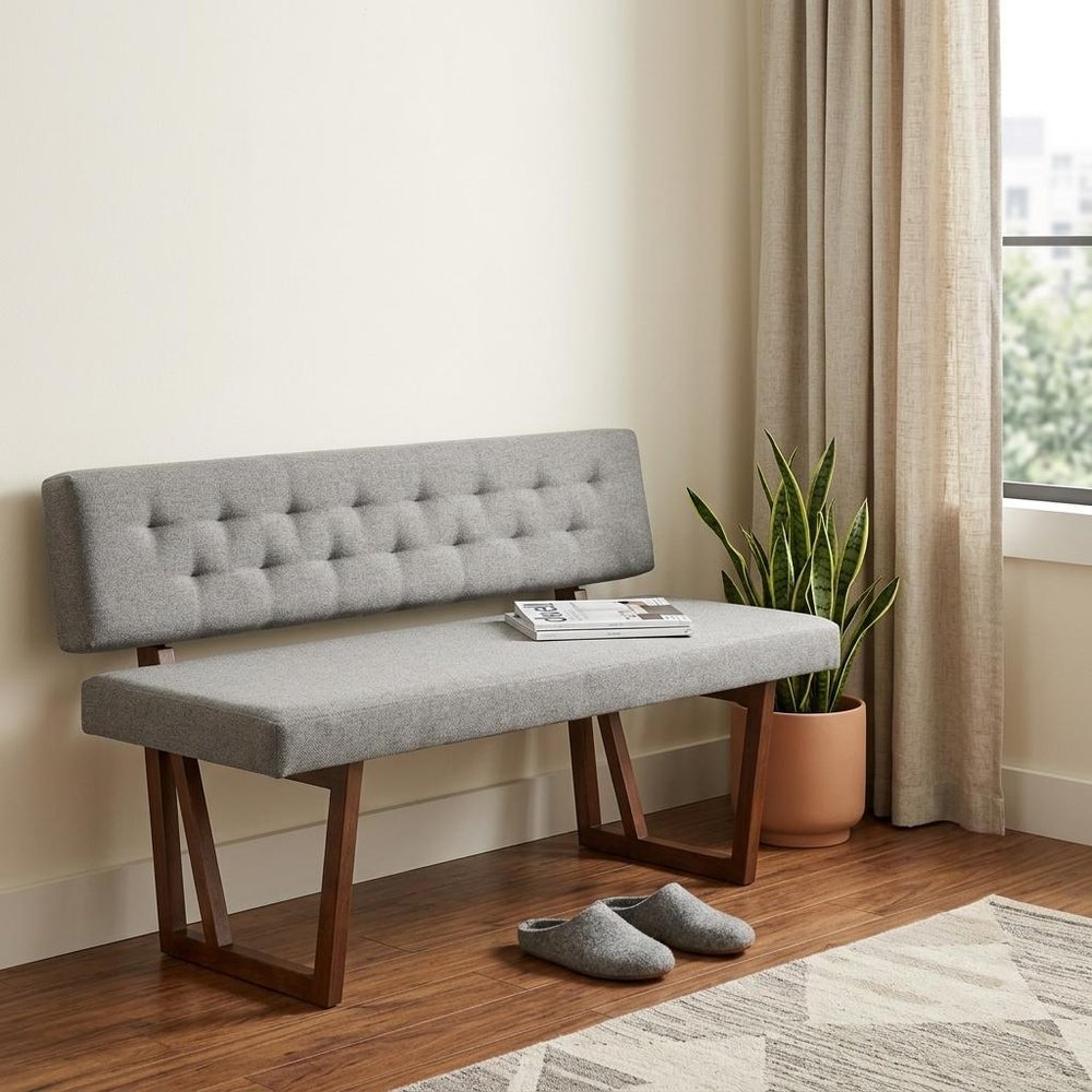 63" Gray and Brown Upholstered Linen Blend Dining Bench styled in a furnished interior with an off-white wall on the floor.