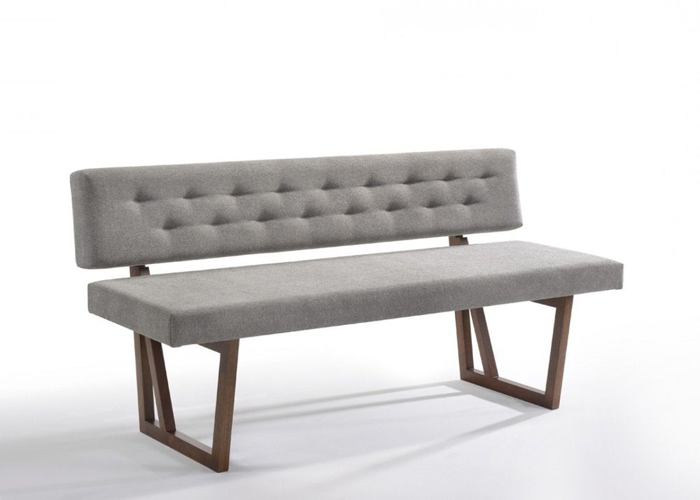 63" Gray and Brown Upholstered Linen Blend Dining Bench. Bench isolated on a plain white background, showing a gray linen surface.