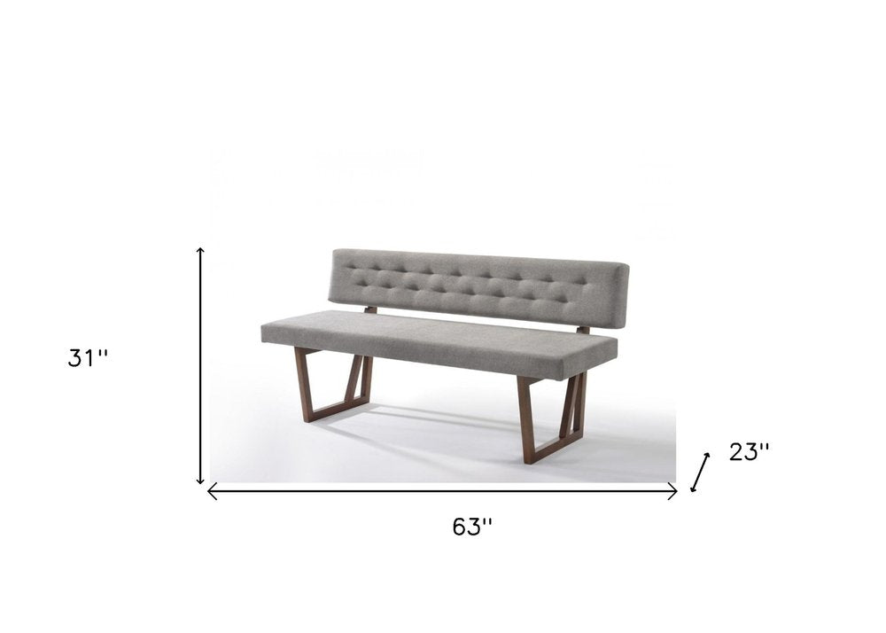 63" Gray and Brown Upholstered Linen Blend Dining Bench. Bench isolated on a plain white background, in a gray linen finish.