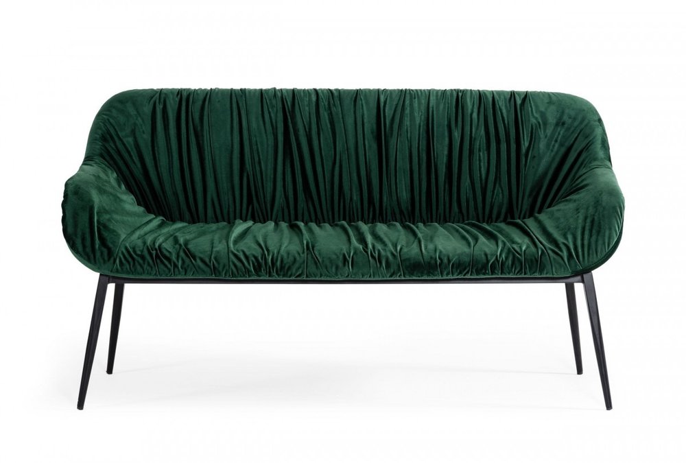 56" Green and Black Velvet Upholstered Dining Bench. Bench isolated on a plain white background, in a black velvet finish.