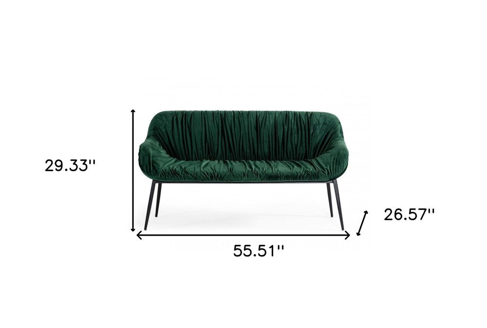 56" Green and Black Velvet Upholstered Dining Bench. Bench isolated on a plain white background, finished in black velvet.