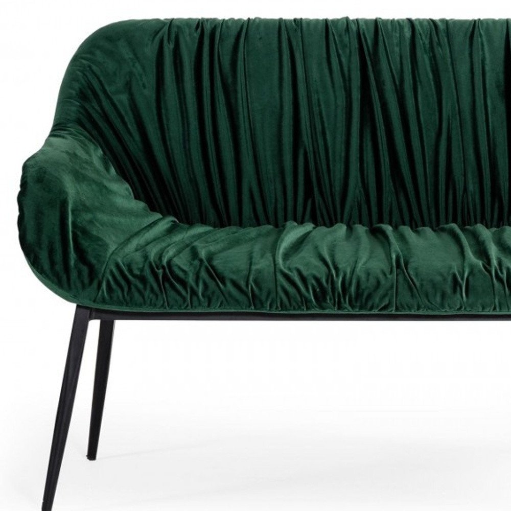 56" Green and Black Velvet Upholstered Dining Bench. Bench isolated on a plain white background, finished in black velvet.