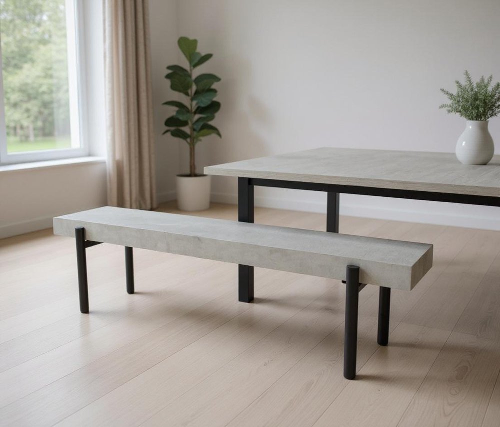 63" Gray and Black Concrete Dining Bench in a home interior