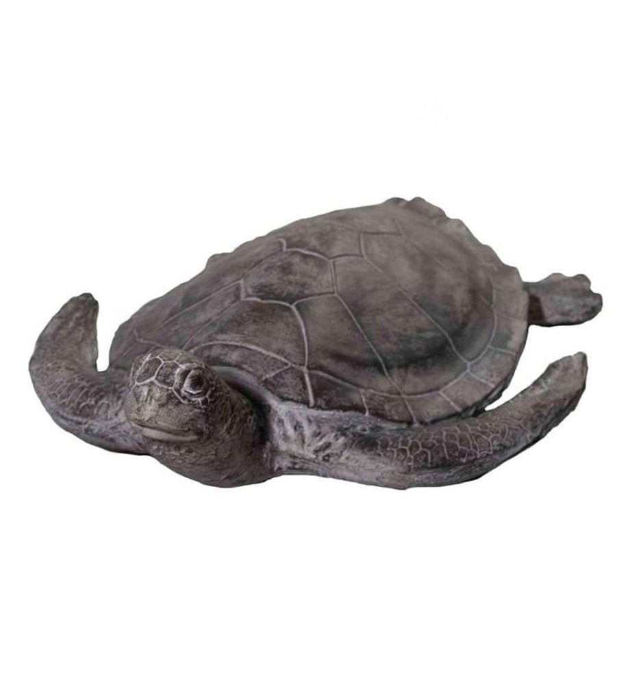 A grey, textured sea turtle statue with detailed shell and flippers, shown from a slightly elevated front view on a white background.