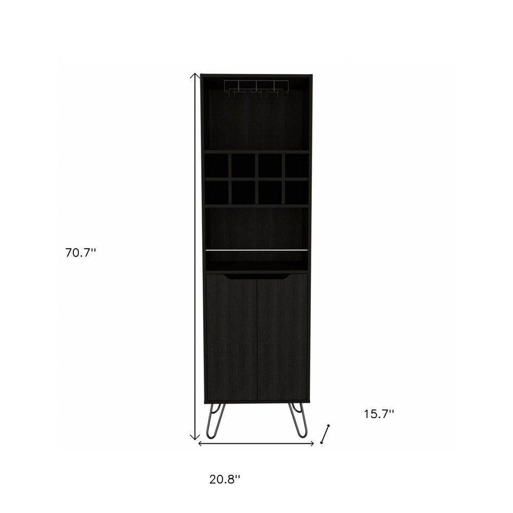 71" Black Tall Bar Cabinet with Two Door Panels and Top Wine Glass Rack on a white background