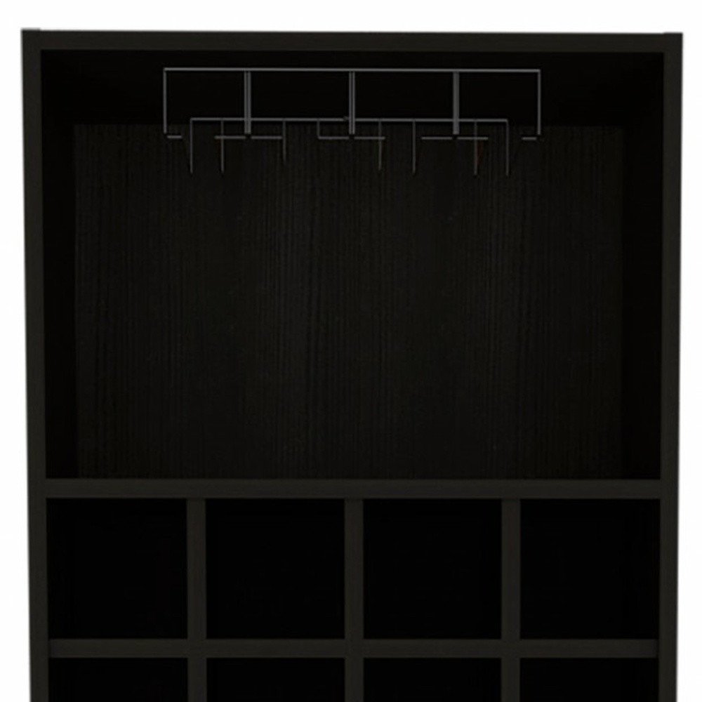 71" Black Tall Bar Cabinet with Two Door Panels and Top Wine Glass Rack close-up detail