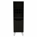 71" Black Tall Bar Cabinet with Two Door Panels and Top Wine Glass Rack on a white background