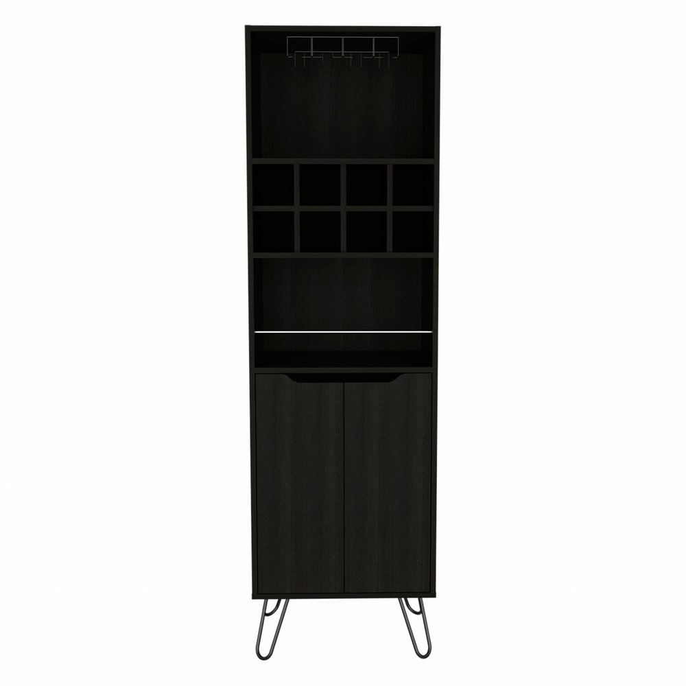 71" Black Tall Bar Cabinet with Two Door Panels and Top Wine Glass Rack on a white background