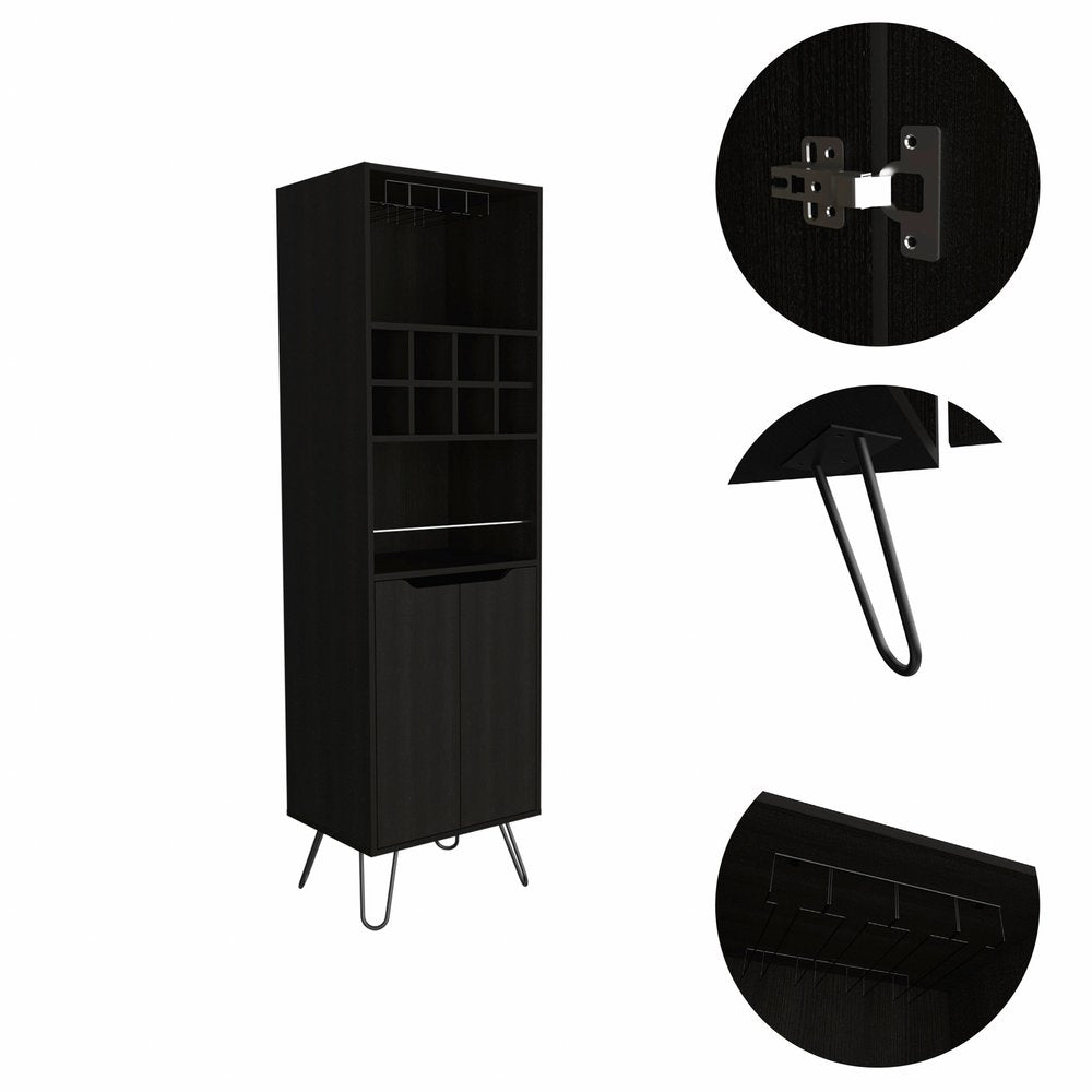 71" Black Tall Bar Cabinet with Two Door Panels and Top Wine Glass Rack on a white background