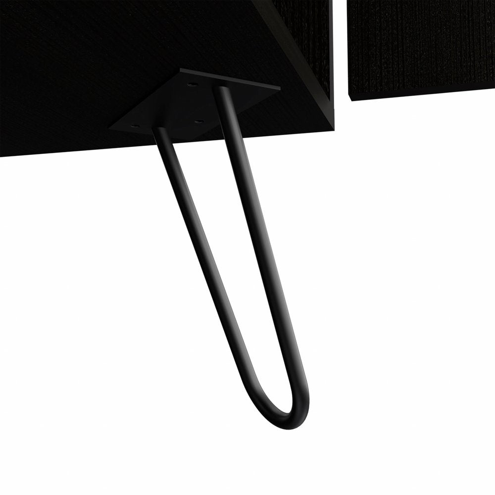 71" Black Tall Bar Cabinet with Two Door Panels and Top Wine Glass Rack on a white background