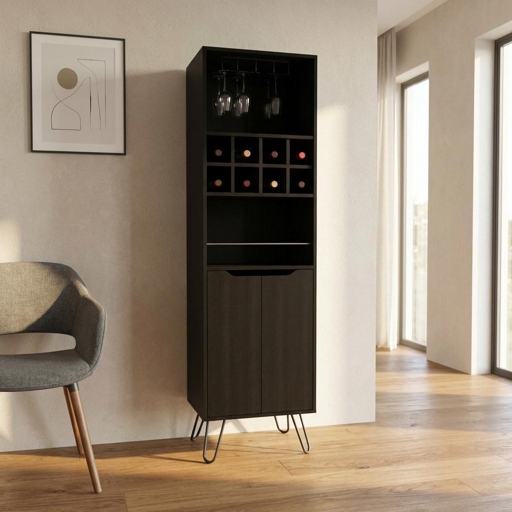 71" Black Tall Bar Cabinet with Two Door Panels and Top Wine Glass Rack in a home interior