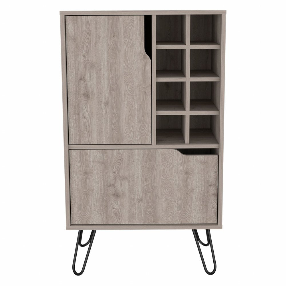 Light gray bar cabinet with wood grain finish, featuring a sliding door, open shelves, and a drawer, on black hairpin legs against a white background.