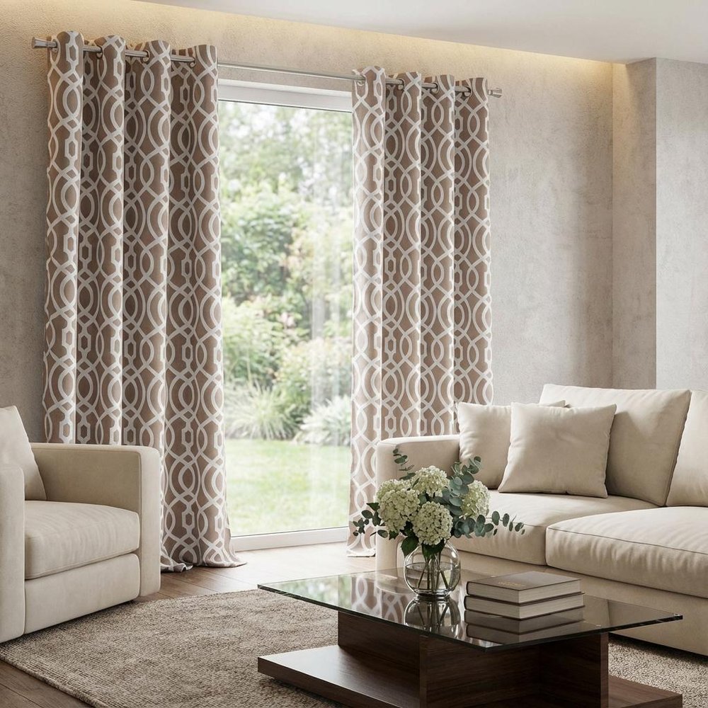 84" Taupe Trellis Black Out Window Curtain Panel in a home interior