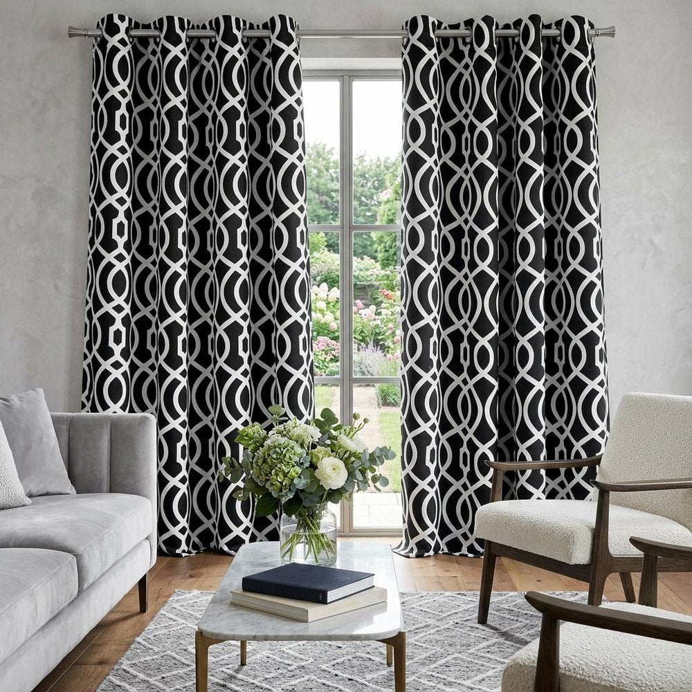 84" Jet Black Trellis Black Out Window Curtain Panel on a white background