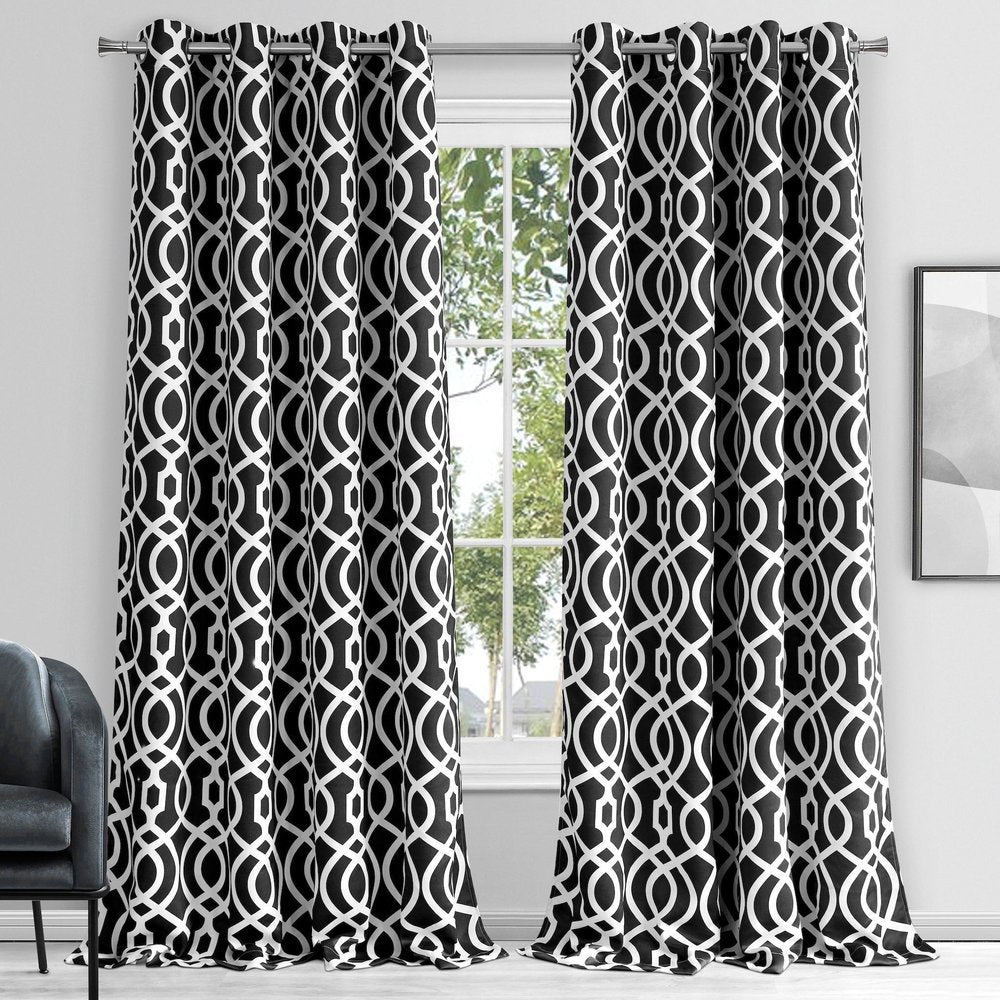 84" Jet Black Trellis Black Out Window Curtain Panel in a home interior