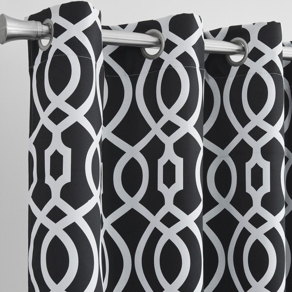 84" Jet Black Trellis Black Out Window Curtain Panel in a home interior