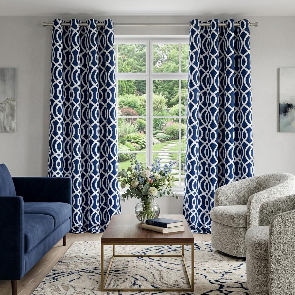 84" Navy Blue Trellis Black Out Window Curtain Panel in a home interior