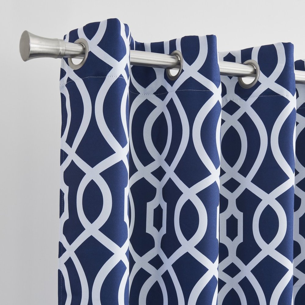 84" Navy Blue Trellis Black Out Window Curtain Panel in a home interior