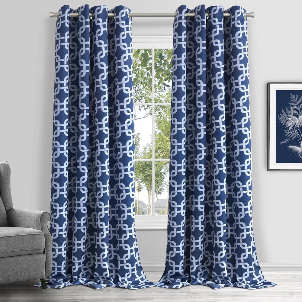 84” Navy Interlock Pattern Window Curtain Panel in a home interior