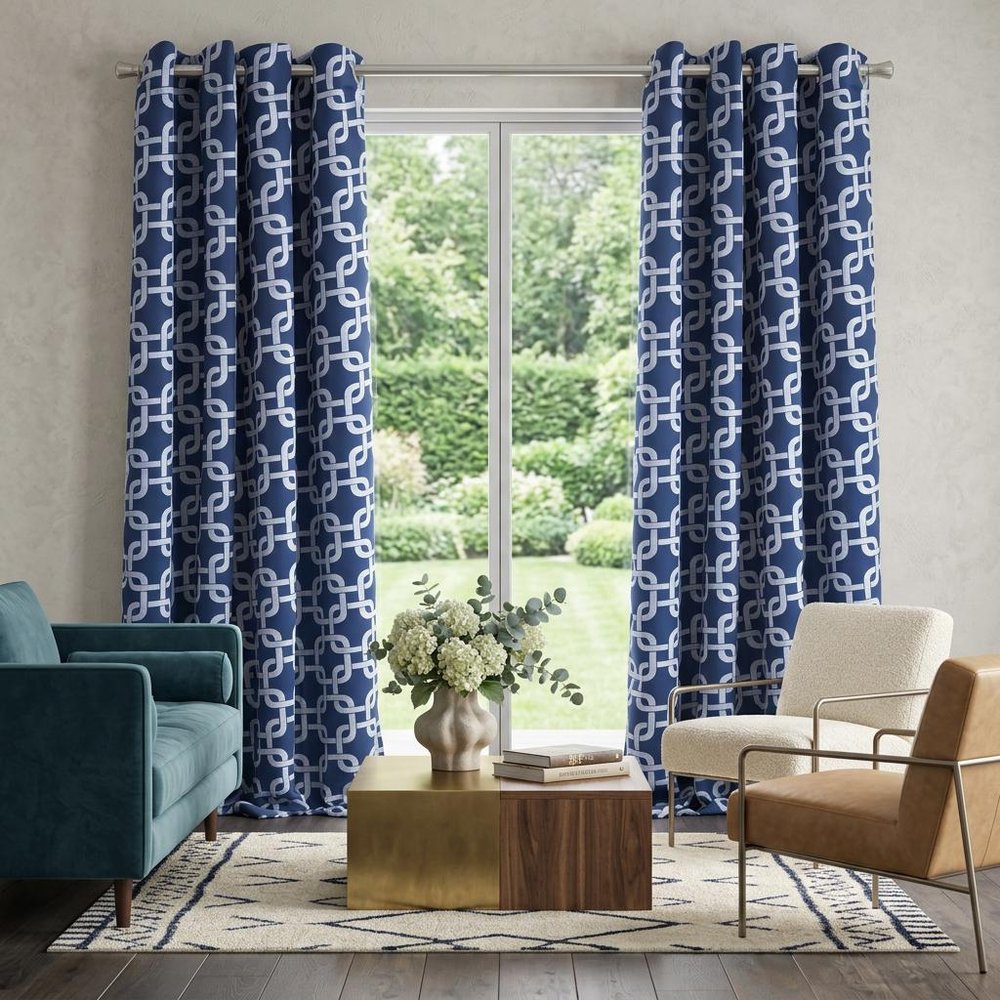 84” Navy Interlock Pattern Window Curtain Panel in a home interior